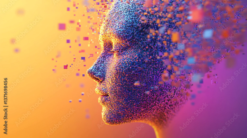 Poster abstract digital human face disintegrating into colorful squares on a gradient background