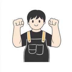Cartoon Character Celebrating With Raised Arms in Black Overalls
