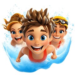 Cartoon Children Swimming With Splashing Water