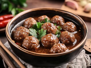 Savory Meatballs in Bowl: A close-up shot of succulent meatballs immersed in a rich, flavorful sauce, artfully arranged in a rustic bowl and garnished with fresh herbs.