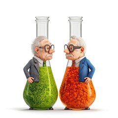 Cartoon Elderly Scientists In Flasks Debate