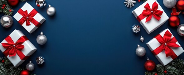 Minimalistic Christmas Flat Lay White Gift Boxes Red Ribbons Silver Ornaments Blue Background