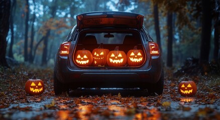 Car Trunk Open in Autumn Forest with Glowing Jack-o'-Lanterns Halloween Celebration