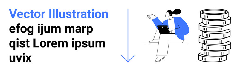 Businesswoman typing on laptop, coin stack symbolizing financial growth, bold text, and downward arrow. Ideal for finance, investment, marketing, strategy, innovation economy simple landing page