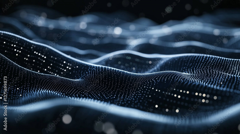 Poster abstract dark blue wave pattern with many small white dots in a blurred background view