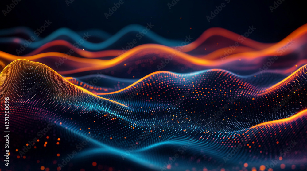 Poster abstract wave pattern with orange and blue lights creating a digital landscape design element art