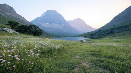 Fototapeta premium Serene Mountain Lake Wildflower Meadow Panorama
