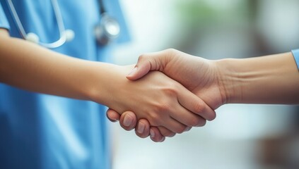 Close-up of two people in blue uniforms shaking hands, symbolizing teamwork and cooperation.
