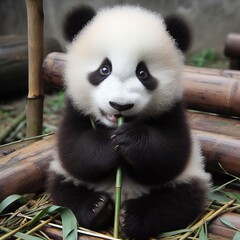 Fototapeta premium An adorable baby panda sitting and munching on bamboo perfect fo