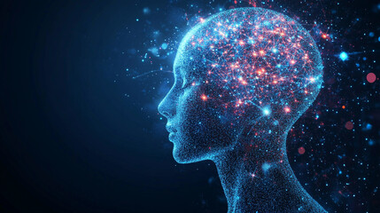 Digital human head with glowing network connections on a dark blue background in side profile