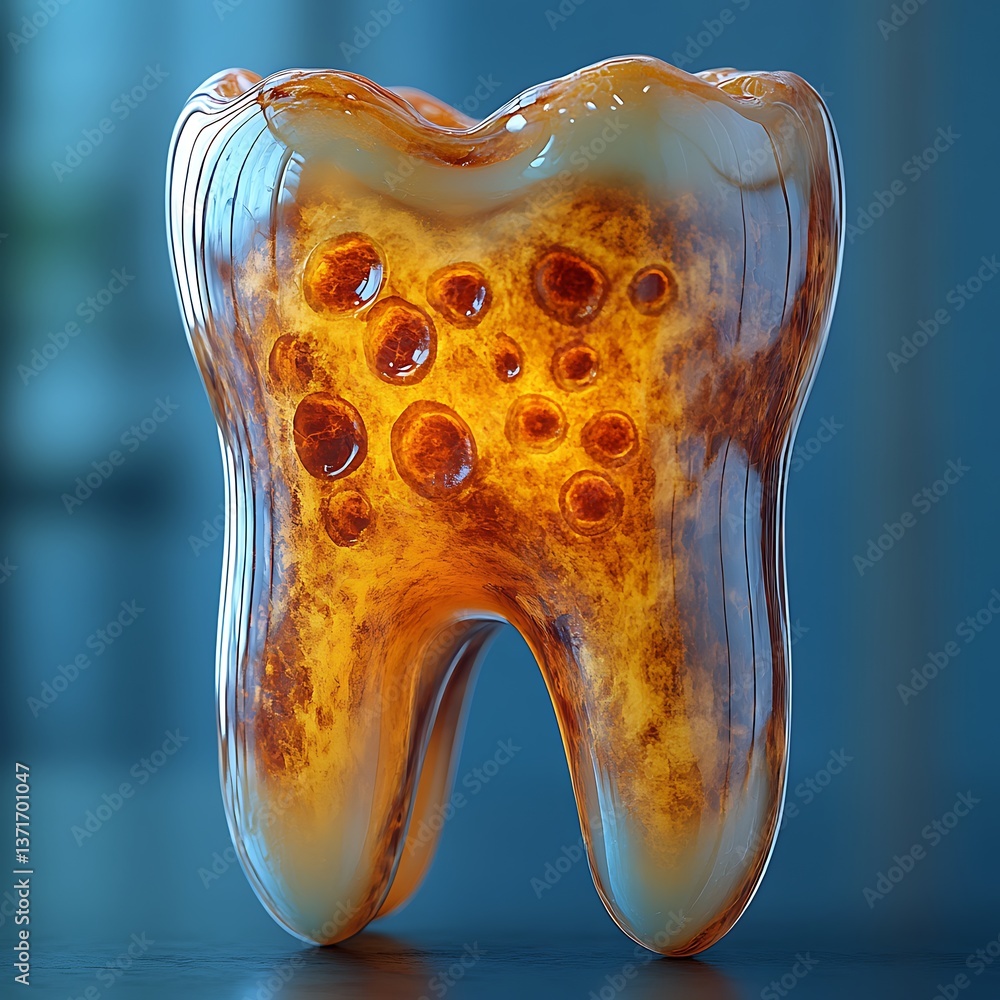 Poster translucent tooth depiction showcases intricate internal textures, illuminating dental structure and