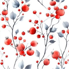 Seamless botanical pattern of red berries pomegranate branches watercolor art soft pastel colors minimalistic design