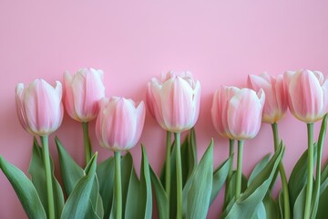 Fototapeta premium Elegant Tulips in Bloom: Delicate pink tulips, arranged in a row, bloom gracefully, their soft petals creating a visual symphony on a complementary background