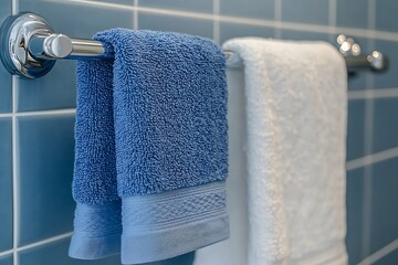 Blue and White Towels Hanging on a Chrome Towel Rack in a Modern Bathroom
