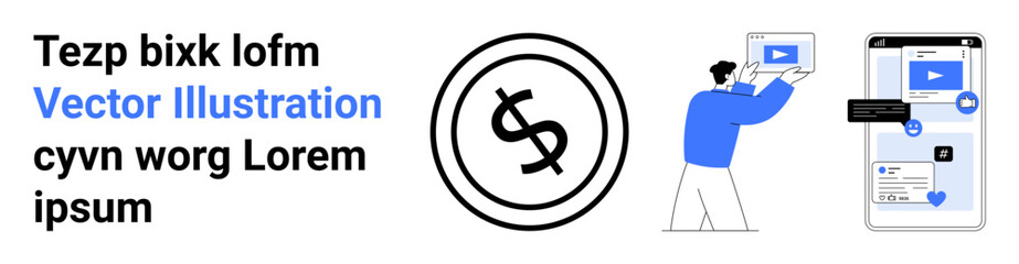 Person uploading media content on a smartphone app, dollar sign in circular frame. Ideal for marketing, content creation, social media, online payments, digital tools, technology, and e-commerce