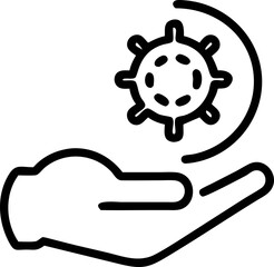 hand icon gently cradles stylized virus symbol, representing protection or care in health context. simple black and white design conveys sense of safety and responsibility