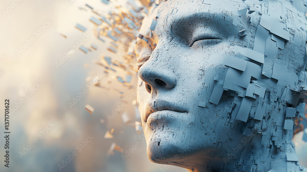 Poster a fragmented stone face with eyes closed against a blurred abstract background in soft light