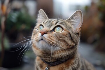 Tabby cat staring upwards with curious expression indoors