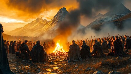 Campfire gathering at sunset in a mountainous region with warriors ready for an adventure