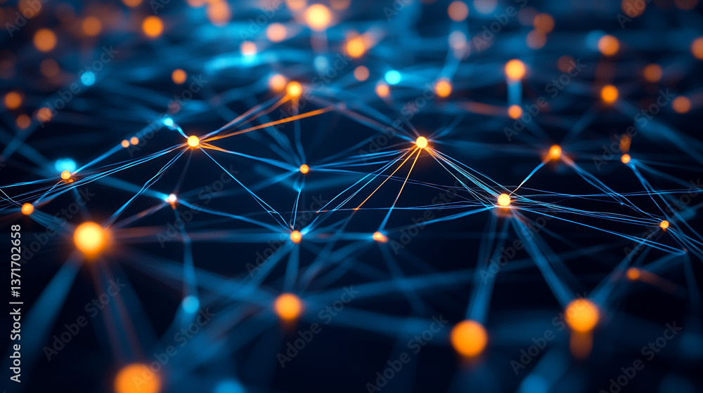 Poster abstract network with glowing orange nodes connected by blue lines on a dark blue background