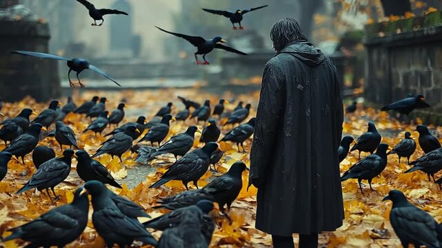 Person in dark coat surrounded by crows in autumn cemetery