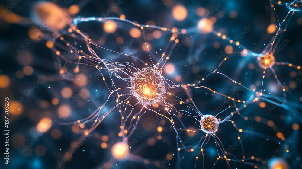Poster illuminated neural network with glowing connections on a dark blue and orange background