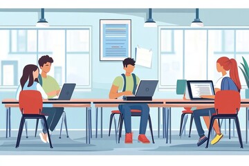 Students Engaging with Technology in a Modern Classroom – Flat Minimalist Illustration