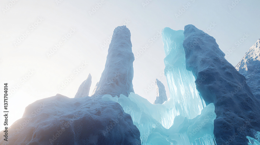 Poster enchanting mountain with ice-covered peaks glimmering under soft ethereal light creating a stunning 