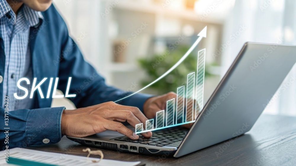 Poster a person typing on a laptop with a rising graph symbolizing skill development and growth.