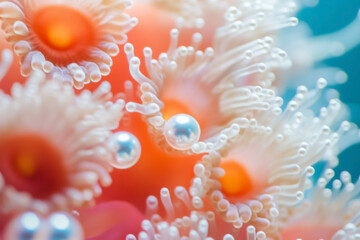 Obraz premium Close-up of vibrant anemones and pearls on coral, displaying intricate marine patterns.
