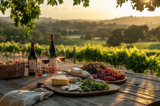 Romantic outdoor picnic setup in vineyard with food and wine in golden light