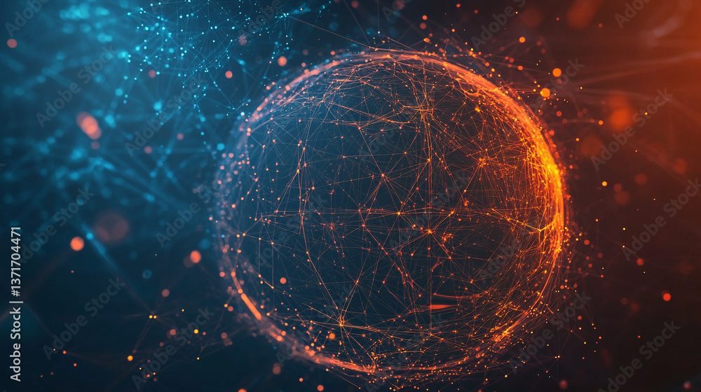 Poster glowing sphere with interconnected lines and particles in blue and orange tones on a dark background
