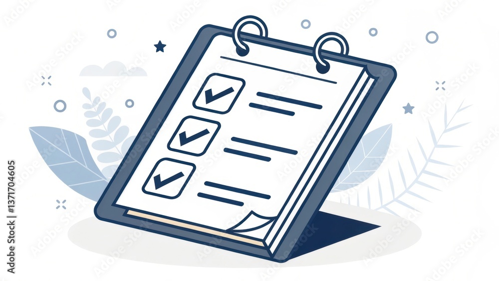 Poster a checklist on a clipboard, featuring checkboxes, surrounded by soft leaves and a subtle background,