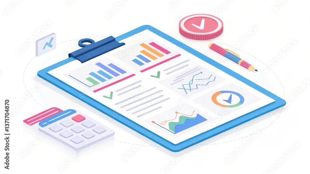 Poster a colorful illustration of a clipboard with graphs, a calculator, and a checkmark, symbolizing data 