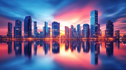 Fototapeta premium Vibrant cityscape with a stunning skyline reflected in calm water.