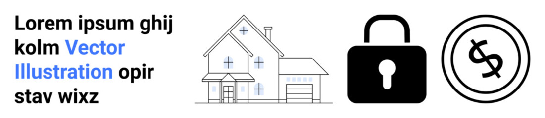 House outline, padlock, and dollar sign convey security, property ownership, and financial well-being. Ideal for real estate, savings, investment, home insurance financial planning cybersecurity