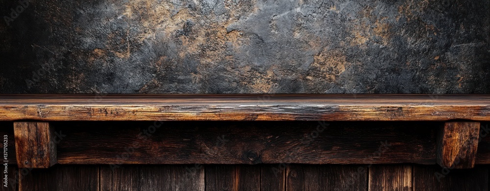 Poster dark rustic wooden counter with weathered stone wall background for product display and interior des