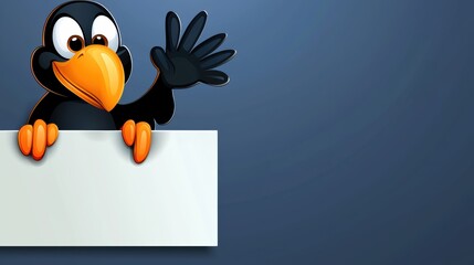 Cartoon crow waving goodbye digital background graphic design playful environment friendly viewpoint creative concept