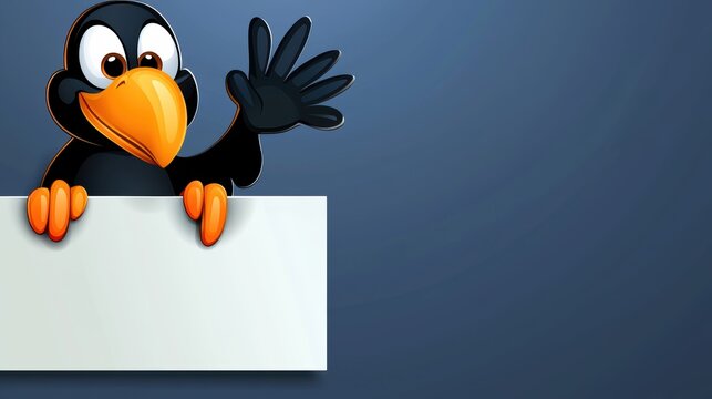 Cartoon crow waving goodbye digital background graphic design playful environment friendly viewpoint creative concept