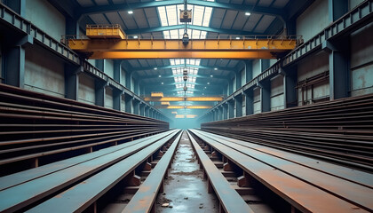 Industrial warehouse with stacked steel beams under dramatic lighting  