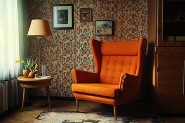 Cozy Interior Scene: An inviting and stylish living space, showcasing a vibrant orange armchair, vintage decor, and soft natural light creating a sense of warmth and home.