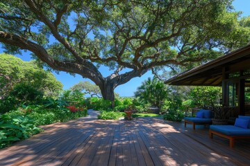 Spacious wooden deck under huge old tree, lush garden and blue sky