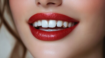 Fototapeta premium White background, diagonal shadow red lips, showing teeth, perfect smile.