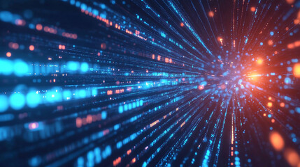 Fototapeta premium Abstract digital background with blue and orange light streaks converging to a bright point