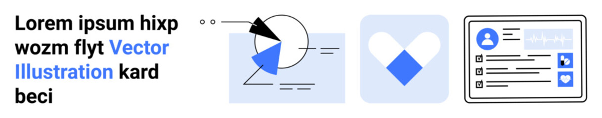 Abstract data chart, heart-shaped icon, user profile interface with information cards. Ideal for analytics, user interface, design, data management, health apps, social media simple landing page