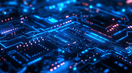 Close up view of a blue and pink illuminated circuit board with intricate glowing lines and patterns