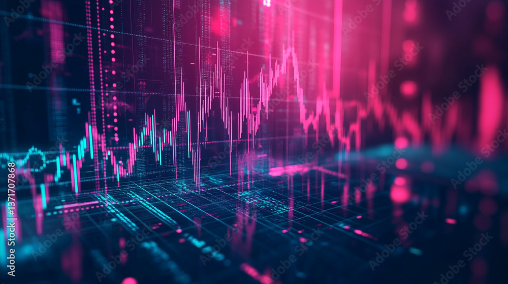Poster abstract financial data visualization with pink and blue lines on a dark reflective surface