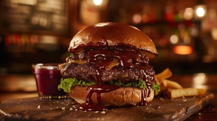 Delicious Gourmet Hamburger with Barbecue Sauce and Fries Displayed