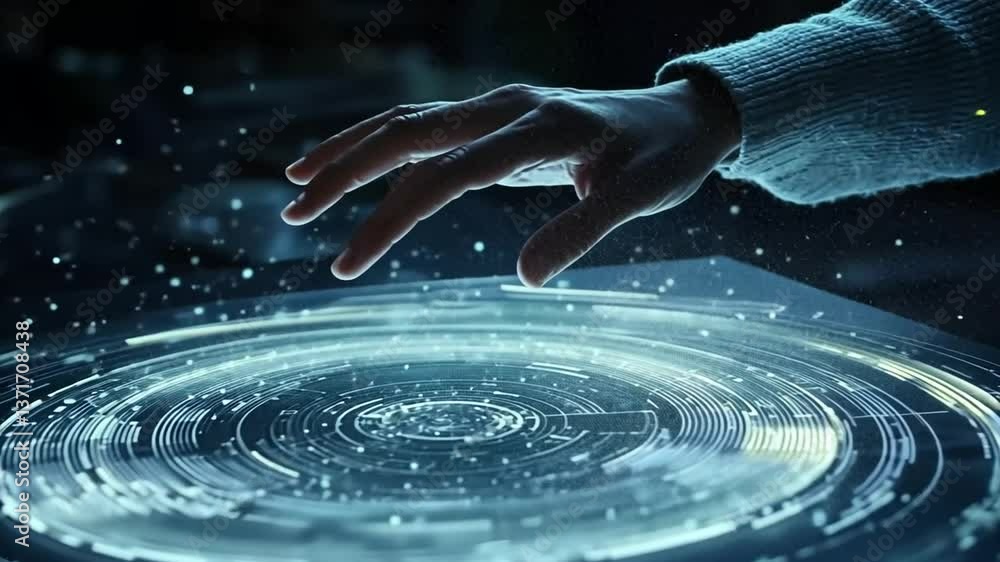 Poster hand interacting with glowing circular digital interface