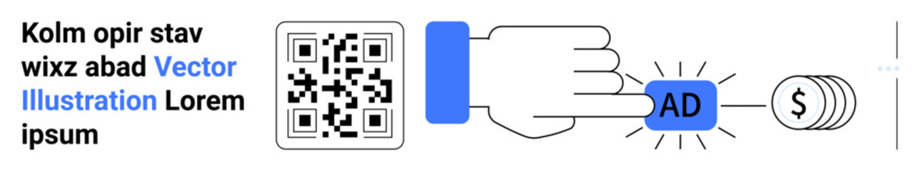 Hand interacting with a QR code, pressing an ad button, and linked to a dollar icon. Ideal for marketing, digital payments, advertising, technology, e-commerce, QR integrations simple landing page